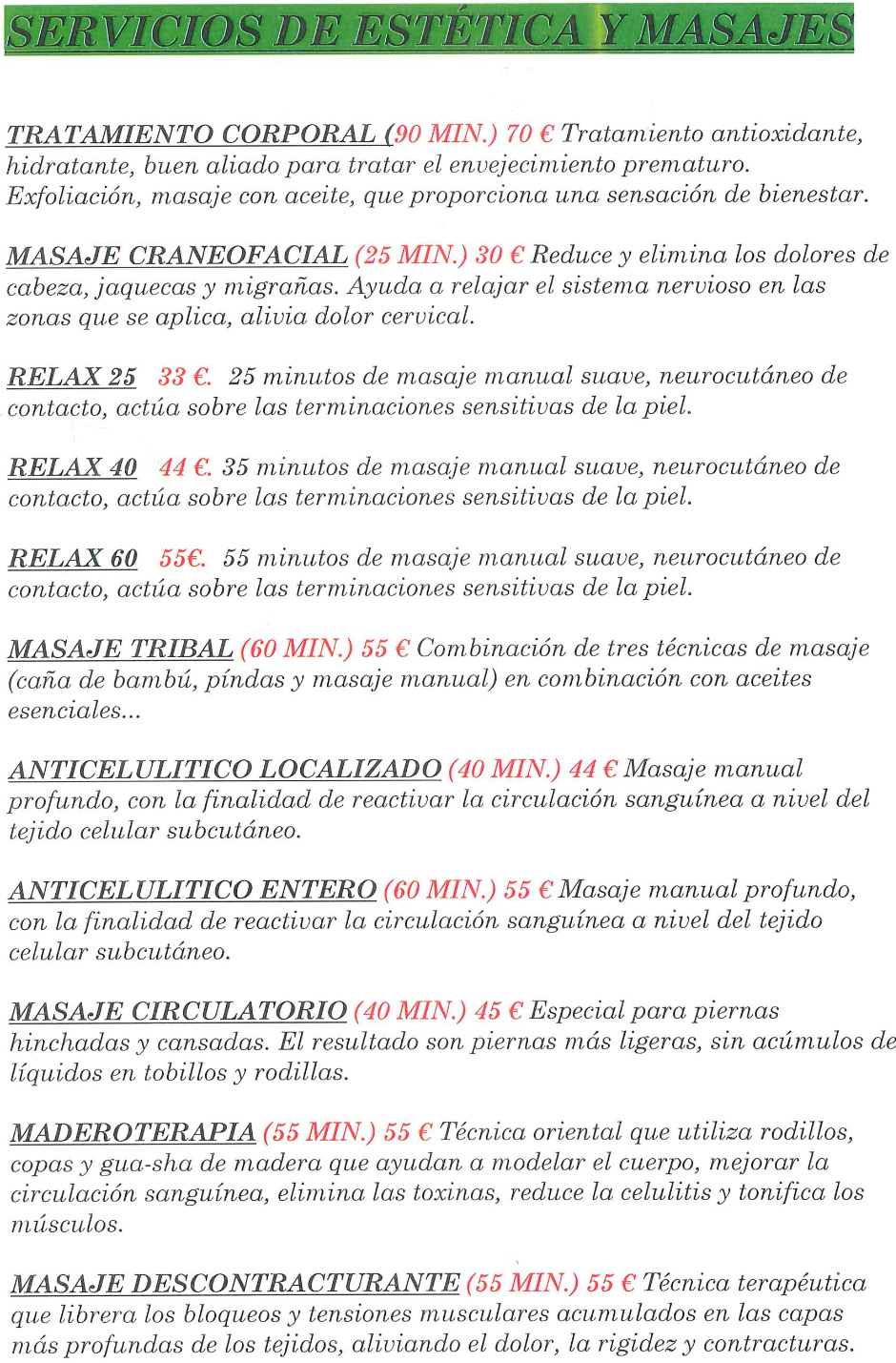 Tarifa de servicios de estética y masajes
